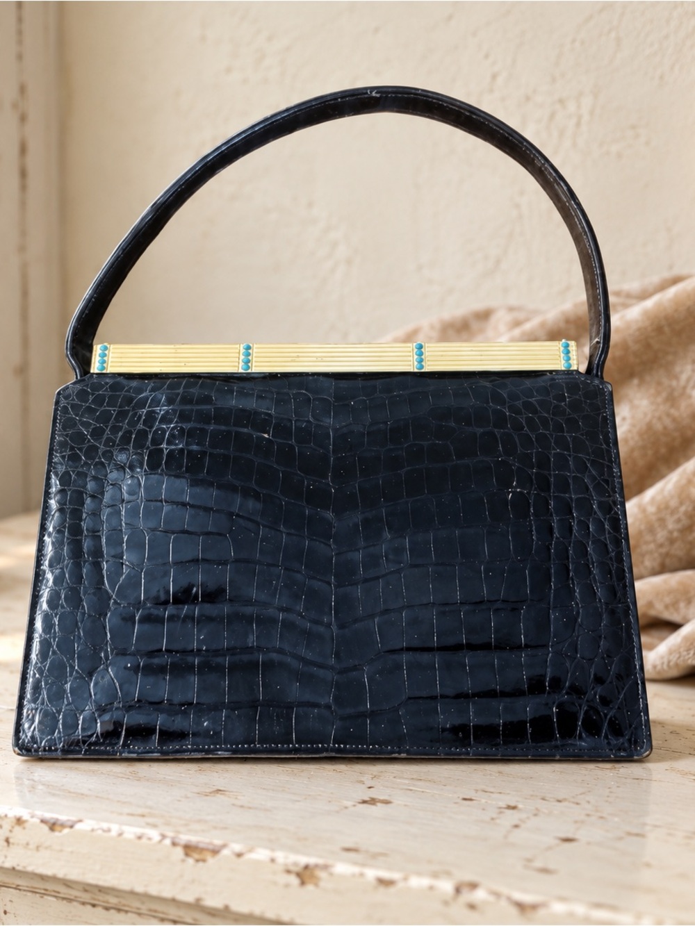 Vintage Saks Fifth Avenue French Crocodile Bag Turquoise Gold Frame